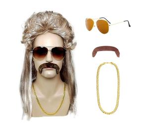 ATSNOSH Set di Costumi Hippie, Parrucca Mullet Uomo Anni 70 80, Disco Parrucca, Accessori Hippy, Costume da Discoteca Anni '70 Hippie Rocker, Parrucche Uomo per Cosplay Carnevale (Marrone Chiaro)