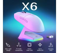 ATTACK SHARK X6 49g Mouse SUPERLIGHT con Dock di ricarica magnetico, sensore di gioco PAW3395 da 26000 DPI, Wireless BT/2.4G/cablato Black