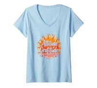Atteggiamento di gratitudine Inspirational Sunshine Maglietta con Collo a V, Donna, Celeste, XL