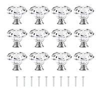 Attom Tech Home Confezione da 12 pomelli in vetro trasparente per armadietti e cassetti, a forma di diamante, con viti per cucina, comò, armadio, bagno, armadio (40 mm)