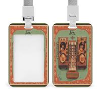 Attrezzatura musicale jazz con sfondo vintage porta badge trasparenti con cordino staccabile Custodia verticale in plastica rigida protegge carte d'identità di lavoro carte di credito per ufficio