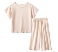 Attrezzatura per la prima volta Ragazze Seta Manica Corta Pantaloni Lunghi Abbigliamento Domestico Pigiama Set Abiti, beige., 3-4 Jahre