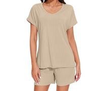 Atxnn Pigiama Donna Elegante Pigiami Set con Scollo a V Top a Maniche Corte Pantaloncini Comodo Casual Estivo Pigiamone Due Pezzi da Don