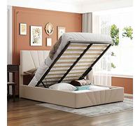 ATY Letto a piattaforma full size con contenitore idraulico sottostante, telaio imbottito con testiera trapuntata, mobili per camera da letto, non richiede scatola a molle e facile da montare, beige