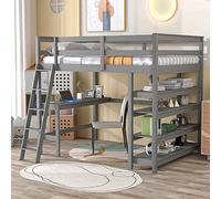 ATY Letto a soppalco con scrivania e ripiani, per ragazzi e adulti, struttura alta in legno massiccio con scala angolare e guardrail a tutta lunghezza, design salvaspazio e nessuna molla necessaria