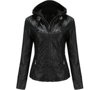 ATZTD Giacca da donna in pelle sintetica con cappuccio staccabile con colletto alla coreana, Nero , L