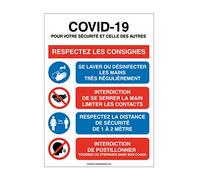 Aua Signaletique - Panneau de Signalisation Règles Covid-19 Respectez les Consignes avec 4 Pictogrammes - 300X420 Mm, Aluminium Dibond 3 mm