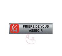 AUA SIGNALETIQUE - Plaque de porte Aluminium brossé imprimé AluSign - 200x50 mm - Double Face adhésif au dos - Impression UV directement sur l'aluminium (Prière de vous asseoir)