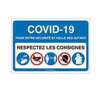 AUA SIGNALETIQUE - Signalisation Coronavirus respectez consignes COVID-19 - Modèle avec 5 pictogrammes -Bleu - 300x210 mm, Aluminium Dibond 3mm