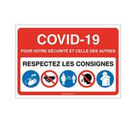 AUA SIGNALETIQUE - Signalisation Coronavirus respectez consignes COVID-19 - Modèle avec 5 pictogrammes -Rouge - 150x105 mm, Aluminium Dibond 3mm