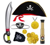 Auarsky Accessori pirata per Bambini 7 pezzi,Cappello da Pirata cannocchiale Benda per Gli Occhi sciabola Pendente borsa Moneta d’Oro, Travestimento Costume Pirati per Halloween Carnevale Festa