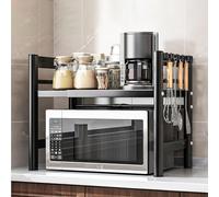 Auauraintt 2 Livell Estensibile Mensola Microonde,con 6 Ganci,Regolabile fino a 40-64 cm Salvaspazio,Materiale in acciaio al carbonio,Può essere usato come contatore,scaffale per la cucina,Nero