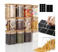 Auauraintt quadrati Barattoli Spezie Vetro,12x210ml-Barattoli per spezie in vetro da cucina con coperchio ed etichette in legno di alta qualità,barattoli per spezie impilabili,adatti per Erbe,Pepe