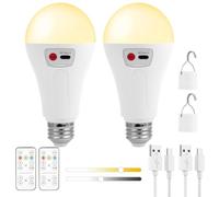 AUAUY 2 Lampada ricaricabile a batteria USB con Telecomando, Lampadina Ricaricabile, 2000mAh Lampada da campeggio, E27 lampadina Intelligente con Funzione di Timer, Dimmerabile, 3 Temperature Colore