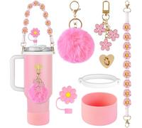 AUAUY Accessori per Stanley Cup, Include Supporto in Silicone, Cinturino in Tessuto Boho, Tappo di Copertura per Cannuccia, 1 Custodia in Silicone per Stanley Cup 30/40oz (Coppe Non Incluse, Rosa)