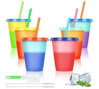 AUAUY Tazza Che Cambiano Colore Bicchieri con Cannuccia e Coperchio, Set di 6 475ML Tazza da Caffè di Ghiacciato Portatile Riutilizzabile Tazze di Plastica Tazza da Frullato per Bambini Adulti Feste