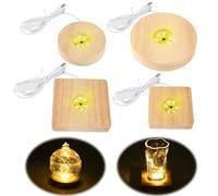 Aubess Base LED, Confezione da 4 basi Luminose LED in Legno, Base LED Quadrata/Rotonda per Vetro Acrilico, Base Luminosa con Cavo USB per Sfera di Cristallo, Vetro, Acrilico (Luce Calda)