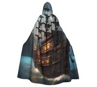Aubnva Mantello unisex con stampa di nave pirata fantasia, leggero e traspirante, per Halloween, cosplay, lunghezza intera con cappuccio