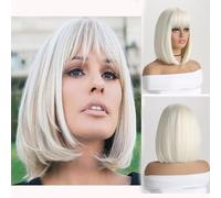AUBWIG Parrucca Bob bionda chiara con frangia parrucche dritte naturalmente corte da 12 pollici per le donne Parrucche ondulate sintetiche a pelo medio lungo per la festa quotidiana (biondo chiaro)