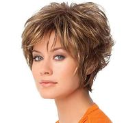 AUBWIG Parrucca corta,Pixie Cut Fluffy Corto Marrone Misto Biondo Capelli Parrucche Naturali Leggermente Ricci Parrucche per Donna Parrucca Capelli Uso quotidiano (Marrone Misto Biondo #5B)