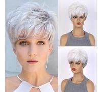 AUBWIG Parrucche a pelo corto Pixie Cut Fluffy Layer Parrucca dritta con frangia Parrucca corta grigia mista bianca resistente al calore Parrucche complete per donne (grigio misto con bianco)