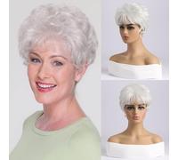 AUBWIG Short Pixie Parrucca bianca Leggero riccio capelli ondulati Capelli in fibra sintetica Parrucche per donne Ladies Madre Nonna Nonna Regina Abbigliamento quotidiano Cosplay (bianco)