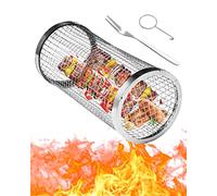 Audasi Cilindro BBQ Cestello per Griglia, Girarrosto Rotondo in Acciaio Inossidabile, Rolling Grill Accessori Basket, Cestello per Cylinder Barbecue per Camping Grigliare Verdure Patatine Fritte Pesce