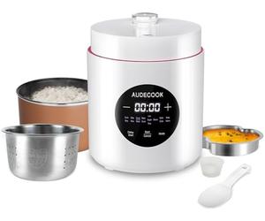 Audecook Cuociriso Elettrico Piccolo da 1,5 L con Funzione Low Carb e Vaporiera, Mini Rice Cooker con 7 Funzioni, Multicooker Digitale, Timer, Funzione di Mantenimento in Caldo (Bianca)
