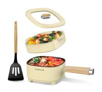Audecook Hot Pot elettrico con vapore, 2 l/20 cm, antiaderente con glassa in ceramica, multicooker portatile per ramen, bistecca, uova, farina d'avena, zuppa, 350 W/800 W(Beige/Con Vapore)