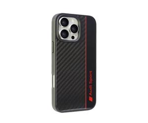 Audi Custodia protettiva per lo sport - Compatibile con iPhone 16 Pro Max - Custodia assorbente agli urti - Con aperture precise per la fotocamera, i porti e i pulsanti - Nero con dettagli