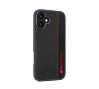Audi Custodia sportiva - compatibile con iPhone 16 Plus - Custodia antiurto con carbonio - con aperture precise per fotocamera, porte e pulsanti - nero con dettagli rossi