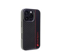 Audi Custodia sportiva - compatibile con iPhone 16 Pro - Custodia antiurto con carbonio - con aperture precise per fotocamera, porte e pulsanti - nero con dettagli rossi