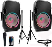 Audibax Party 15 - Set 2 Casse Attive 15" - Potenza 600W - Casse Amplificate - Connessione USB/SD - Staffe + Cavi + Microfono Inclusi - Casse Bluetooth - Illuminazione LED