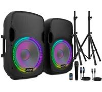 Audibax Party 215 - Set di 2 Casse Attive e Passive da 15" - Potenza 500W - Altoparlante Amplificato - Connessione USB/SD - Supporto + Cavo + Microfono Inclusi - Altoparlante Bluetooth - LED