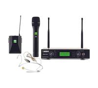 AUDIODESIGN PRO PMU 2212HBP Set centralina con microfono a gelato e microfono ad archetto UHF, kit radiomicrofono palmare professionale, microfono wireless con body pack