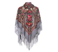 AUDME Sciarpa da donna oversize con stampa a scialle russo, Babushka, tradizionale stile retrò ucraino, con nappe quadrate, 130 x 130 cm, 8