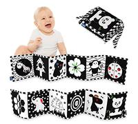 AUEFUDQ Libro di Stoffa per Neonati, Libro Sensoriale, Double Sided Libri Morbidi con 12 Motivi, Libros di Stoffa Pieghevole Riutilizzabile, con Corda, Animali, Bianco e Nero