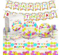 AUF LANDEROBE Set di forniture per feste di buon compleanno con piatti da 7 e 9 pollici, tovaglioli, tazze, forchette, coltelli, banner e tovaglia - 146 pezzi totali
