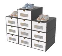 AufuN, 10 scatole impilabili per scarpe in cartoncino con coperchio e finestra trasparente, pratica scatola per scarpe 35x24x14 cm, organizer per scarpe, antracite