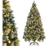 AufuN - Albero di Natale artificiale con illuminazione - 240 cm - Con neve e pigne - Montaggio rapido - Con supporto