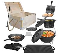 Aufun Set di Forni Olandesi in Scatola di Legno con Forno Olandese,Più Accessori Incluso Pre Stagionato con Pentola di Cottura Grill Pan Coperchio Sollevatore,Ghisa Waffle,Ricettario,Guanti(12 Pezzi)