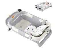 Aufun Vasca da bagno pieghevole con cuscino da bagno e termometro integrato, vasca da bagno per bambini con supporto per vasca da bagno, navicella portatile come articolo essenziale per neonati e