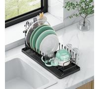 Aufworld Scolapiatti Piccolo e Compatto Vassoio in Silicone, Griglia Sgocciolante in Acciaio Inossidabile e Portaposate, Risparmia Spazio per Piano Cucina, Monolocali e Camper (piano di lavoro)