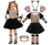 Augesak 10 Pezzi Set di Costumi Leopardo, Vestito Leopardato, Vestito Carnevale Leopardo Bambina, Costume Leopardo, Costume Gatto Bambina, Costume Animale Bambino per Feste in Maschera Cosplay (XL)