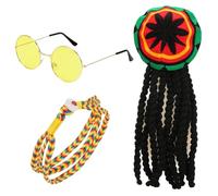Augesak Costume Bob Marley,set costume Giamaica in 3 pezzi con occhiali gialli,parrucca dreadlocks giamaicana,cappello Rasta,per carnevale Halloween cosplay dress up