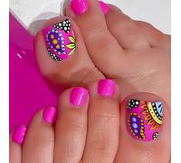 Auiremrti 24 pezzi di unghie finte rosa per le dita dei piedi, corte, quadrate, con design floreale colorato, dolci unghie finte da spiaggia