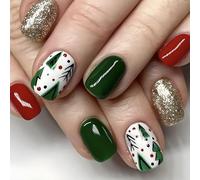 Auiremrti 24 Pezzi Quadrato Corto Natale Unghie Finte Set, Verde E Rosso Natale Corto Press-On Nails, Facile Per DIY Nail Art A Casa, Accessori Per Nail Art