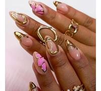 Auiremrti 24 Pezzi Unghie Finte Da Incollare, Forma A Farfalla Rosa Unghie Finte French Tip In Forma Di Mandorla, Facili Da Applicare, Unghie Press On Riutilizzabili
