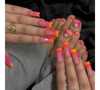 Auiremrti 48 pezzi French Tips arancione rosa sfumati per unghie finte da pressione, unghie finte quadrate lunghe con design ombré, unghie finte da piede da pressione