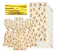 Auiremrti 50 Pezzi Sacchetti di cellophane con Motivo Orso, Sacchetti di plastica per dolciumi con 50 Chiusure Dorate, Festeggiamenti per Bambini, Sacchetti Regalo per Dolci